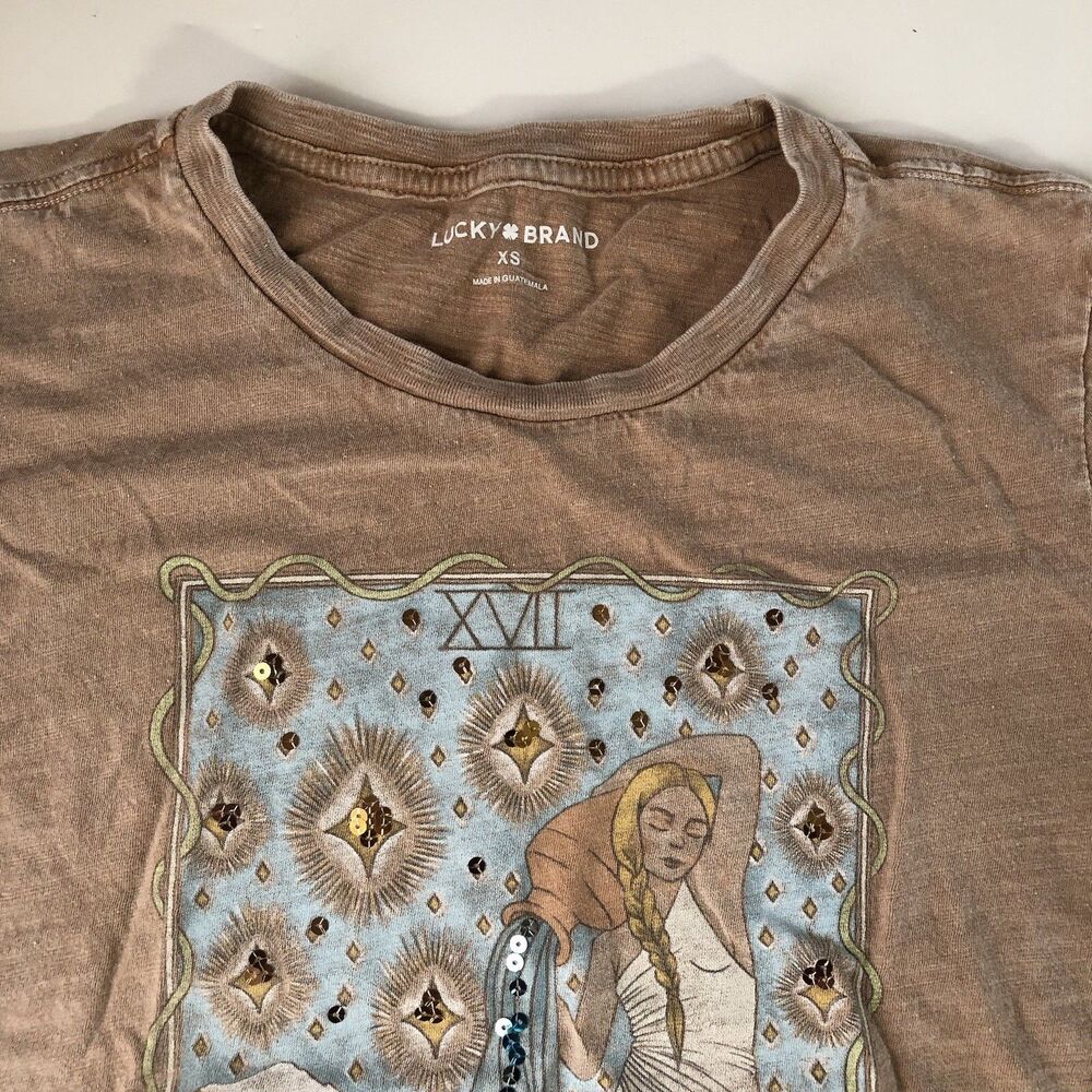 Lucky Brand women’s “the star” tarot card graphic Tee sun faded brown sequin XS - Picture 9 of 14